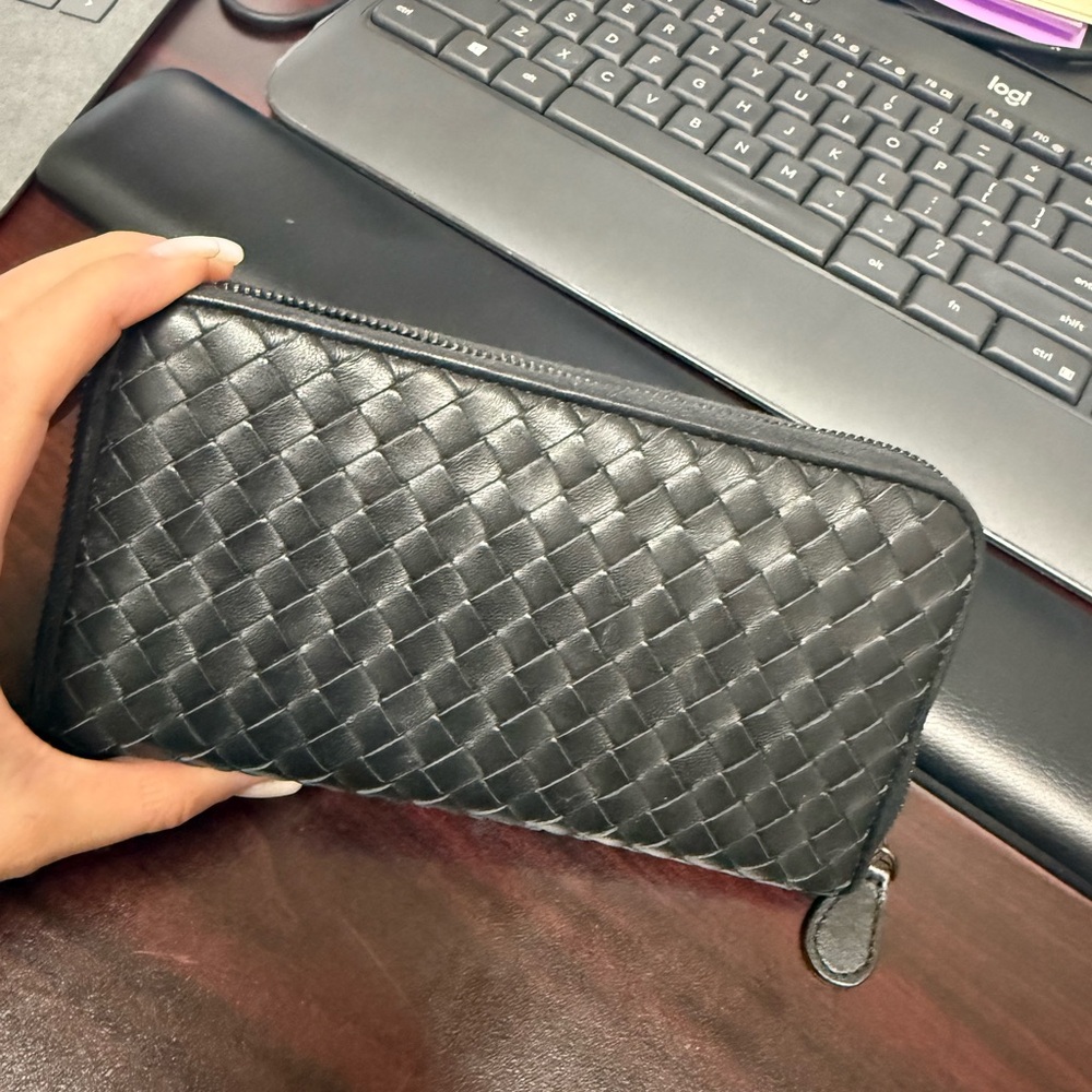 Bottega Veneta Black Intrecciato Zip Around Leather Wallet